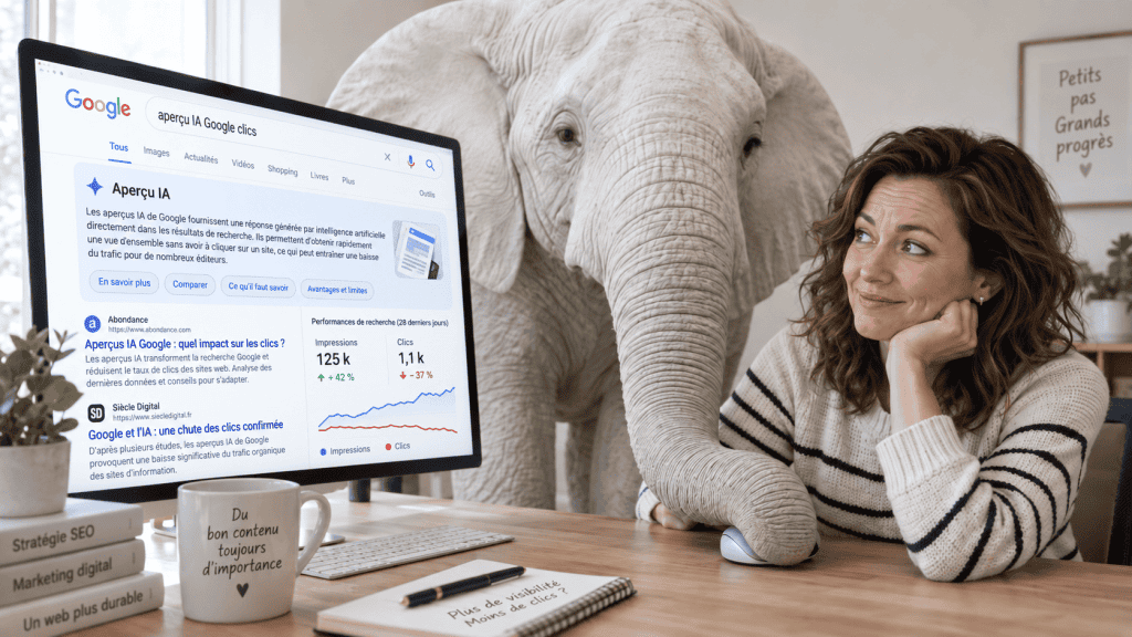 Femme devant les Aperçus IA de Google tandis qu’un éléphant blanc bloque la souris, symbole de la baisse des clics malgré la visibilité
