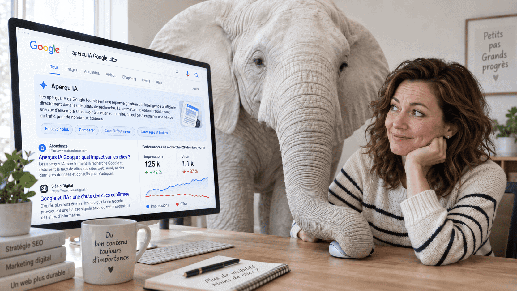 Femme devant les Aperçus IA de Google tandis qu’un éléphant blanc bloque la souris, symbole de la baisse des clics malgré la visibilité.